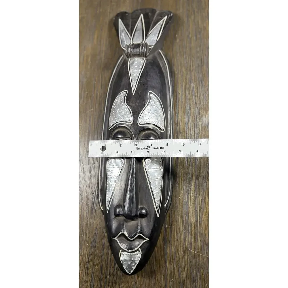 Vintage Ghana Hand Carved Wood Wall Mask Silver Metal 20” African Art